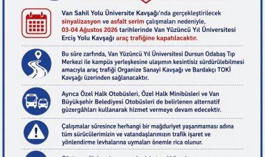 Van’da Üniversite Kavşağı 3-4 Ağustos’ta Trafiğe Kapatılıyor